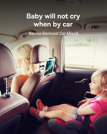 Child sitting in a car with a tablet on a Baseus backseat car mount, with text 'Baby will not cry when by car'.