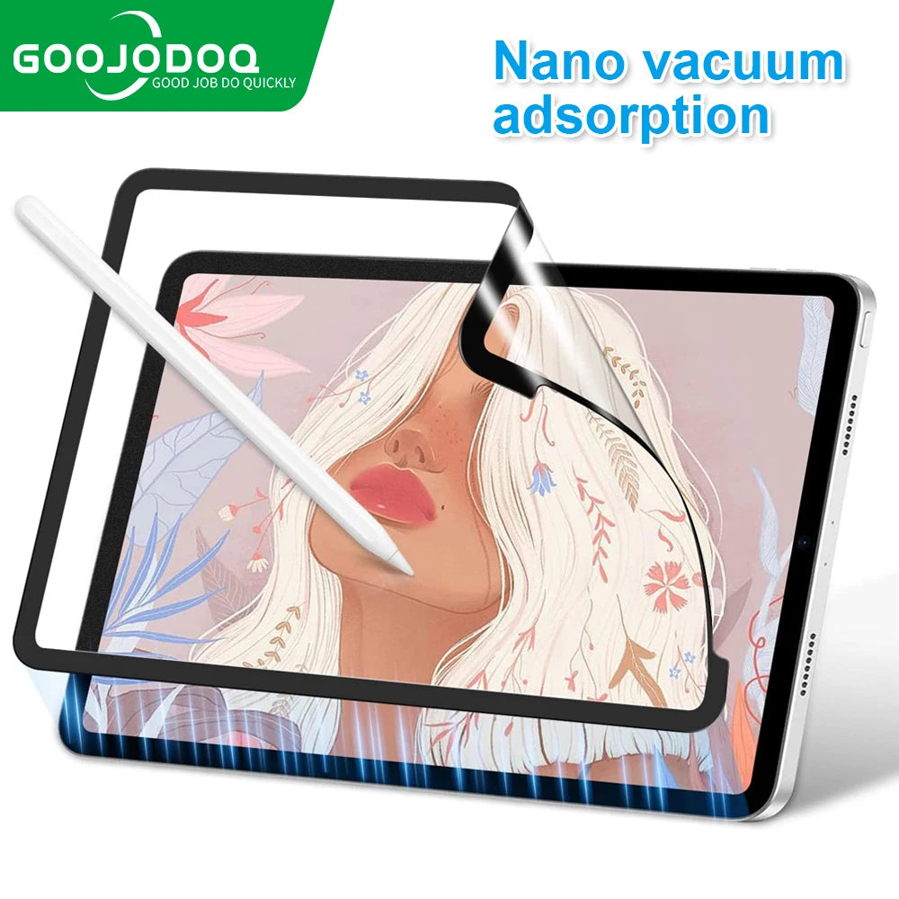A promotional image showing a screen protector for iPad with nano vacuum adsorption feature, illustrated by a stylus writing on a screen with a floral pattern.