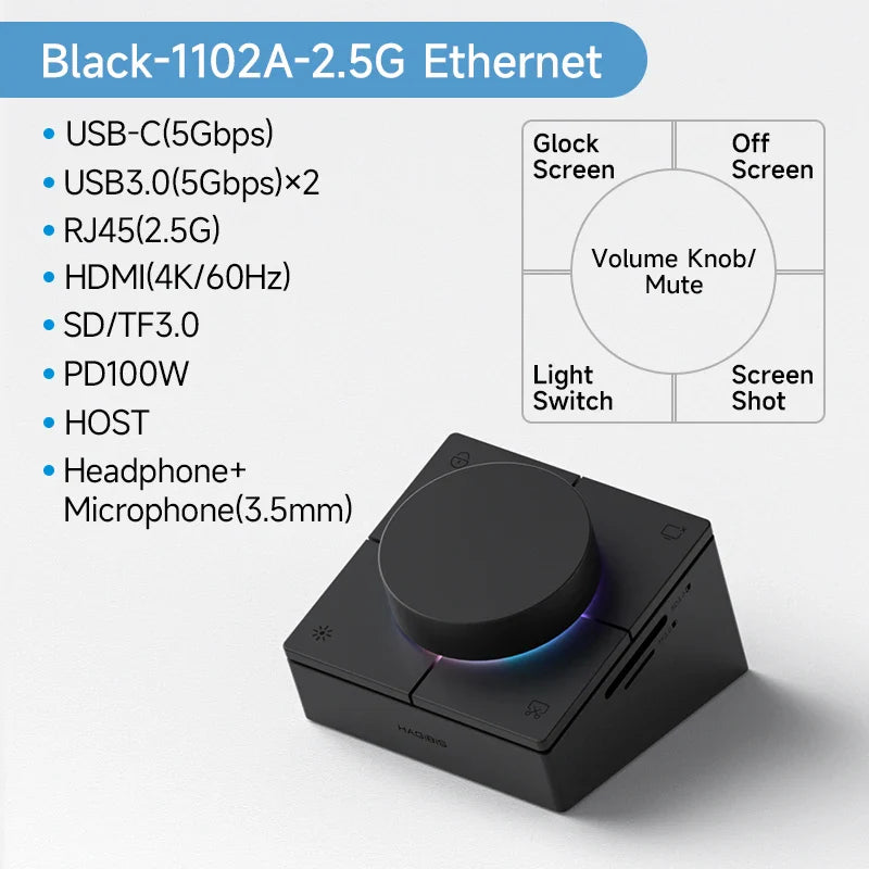 Black electronic device with connectivity features on a white background