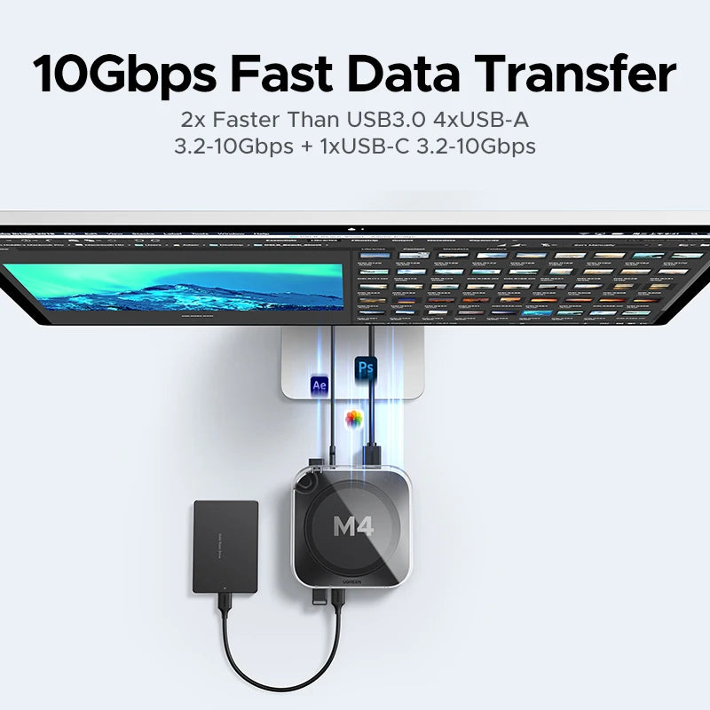 Computer monitor with USB hub and devices on a white background, highlighting 10Gbps fast data transfer capabilities.
