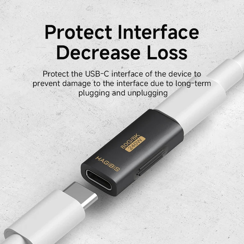 USB-C adapter with text on a gray background