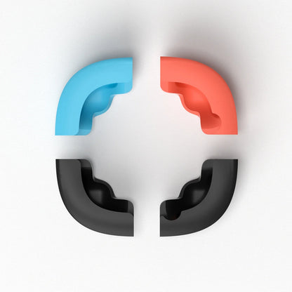 Three curved objects in blue, red, and black on a white background