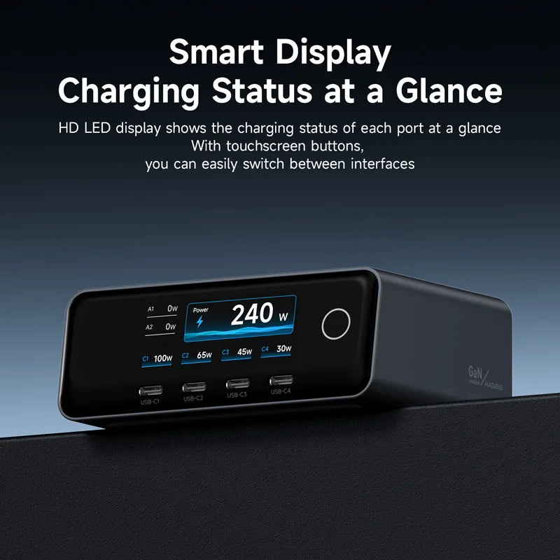 Smart display with charging status indicators on a dark background