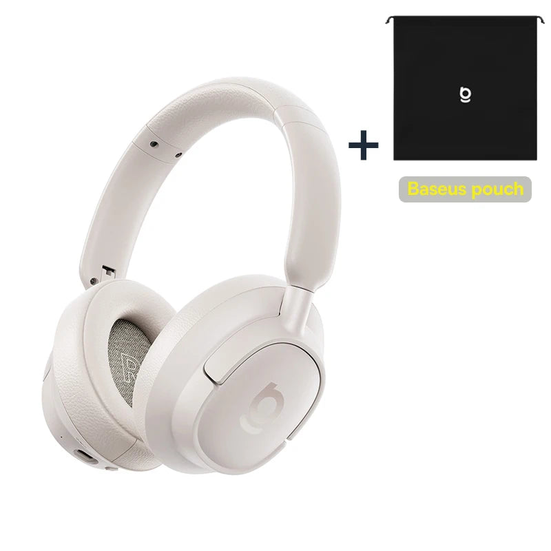 White headphones with a black pouch featuring a logo on a white background