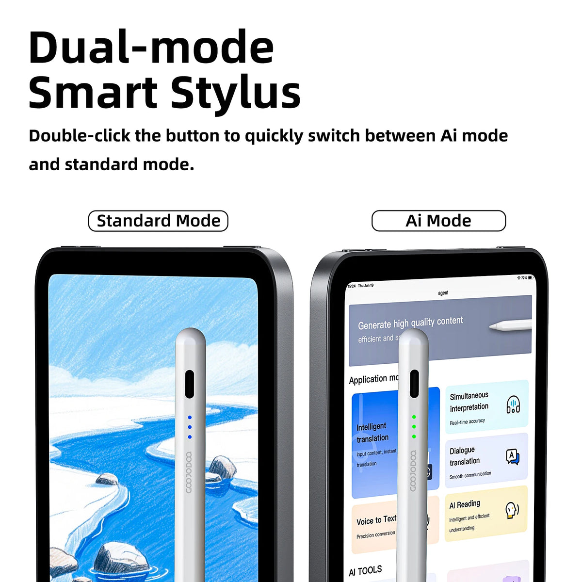 Dual-mode smart stylus with smartphone display showing app interface.