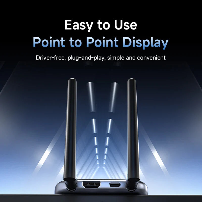 Point-to-point display with antennas on a dark background and text highlighting ease of use.