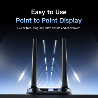 Point-to-point display with antennas on a dark background and text highlighting ease of use.