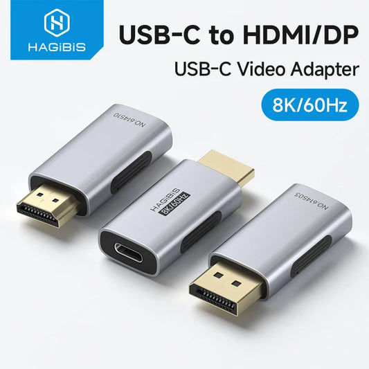 USB-C to HDMI/DP adapter with Hagibis branding on a white background