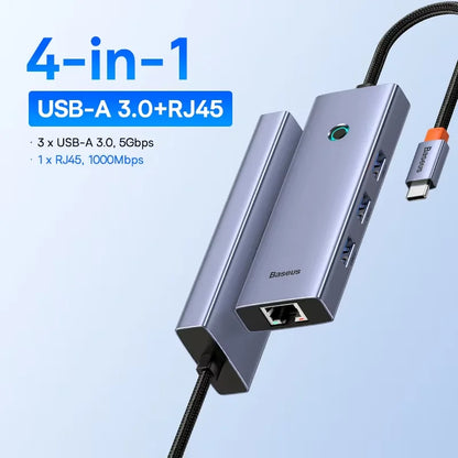 4-in-1 USB-A 3.0 and RJ45 adapter with specifications on a light blue background