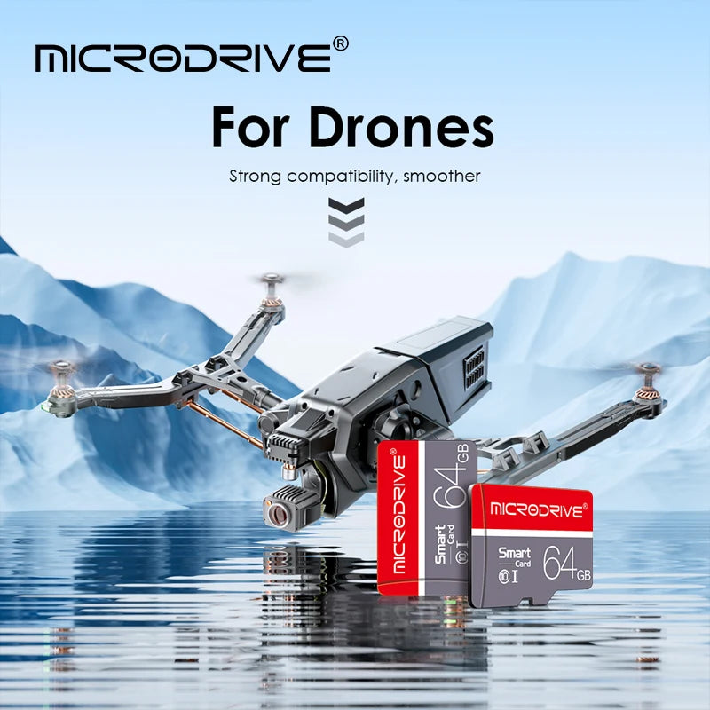 Drone with MicroDrive memory cards against a mountainous background