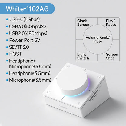 White electronic device with ports and features listed on a gray background