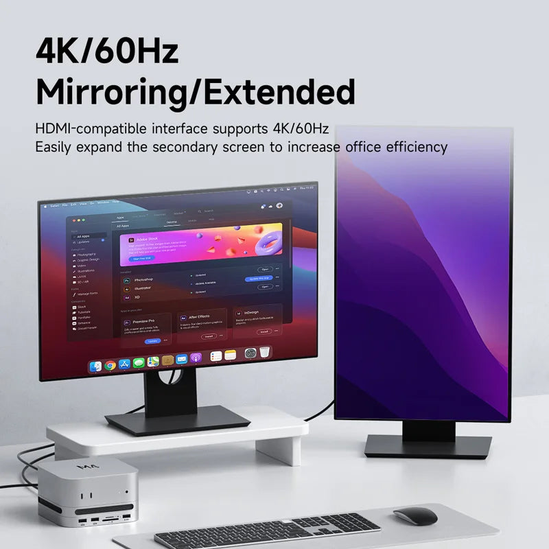 Two monitors connected to a single device with text highlighting 4K/60Hz support.