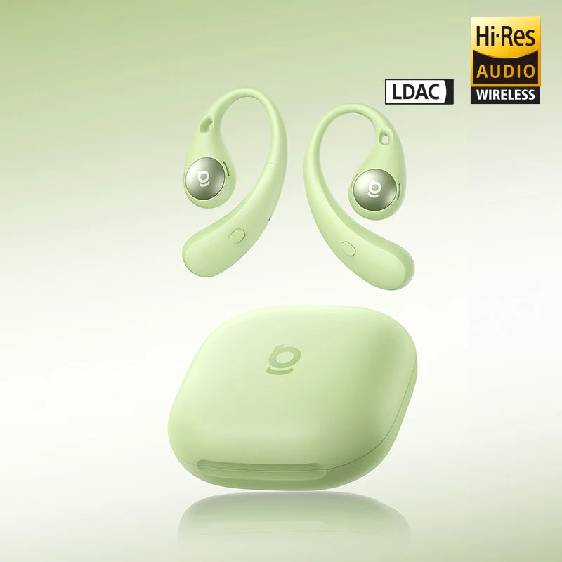 Green wireless earbuds with charging case on a light green background, featuring Hi-Res Audio and LDAC logos.