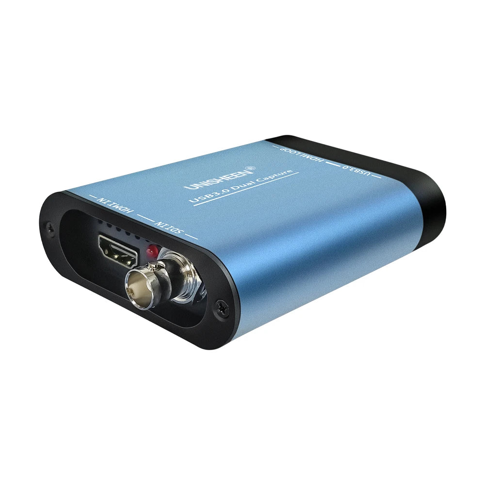 Blue audio/video capture device with USB and cable ports on a white background