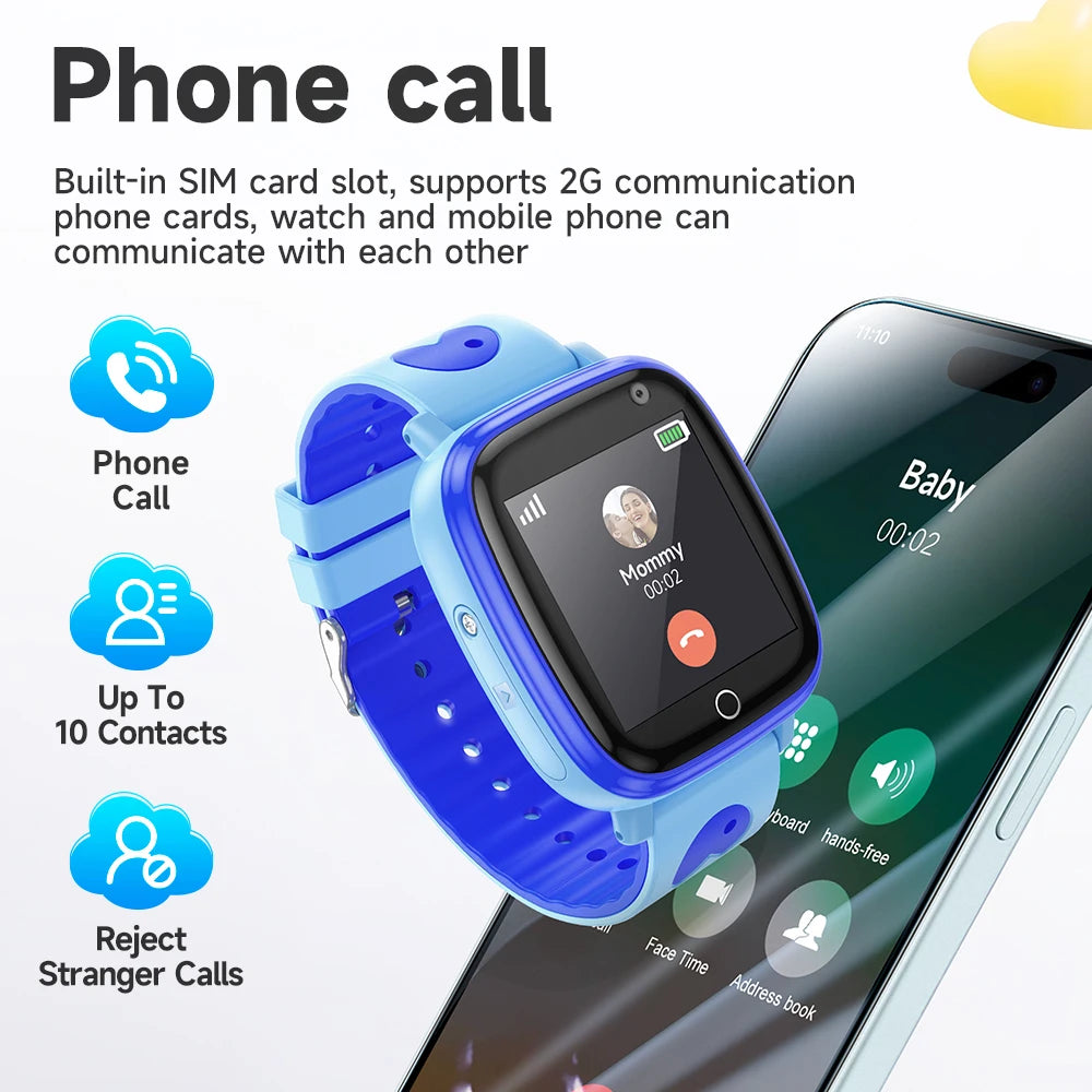 Blue children's smartwatch with phone call features displayed on a smartphone screen.