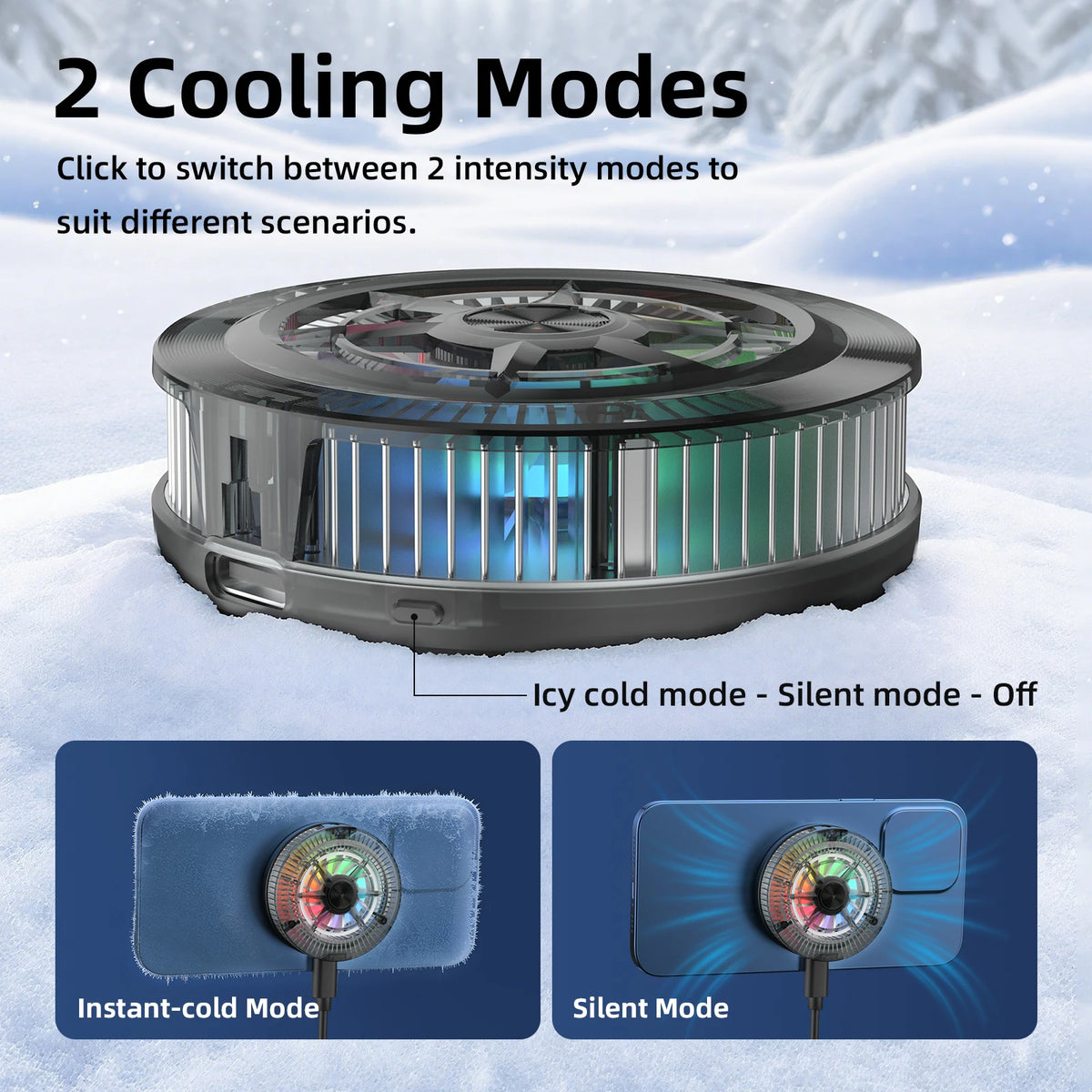 Cooling device with two cooling modes on a snowy background