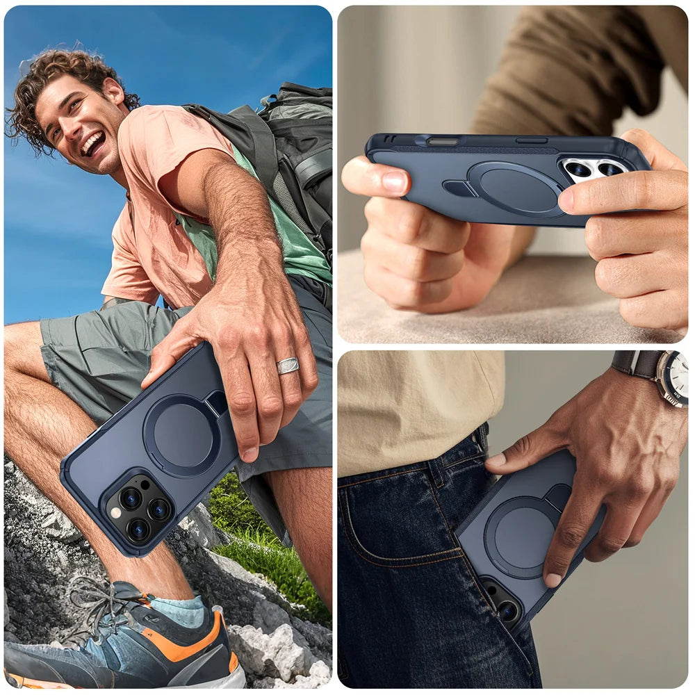 Collage of a person using a phone case in various settings