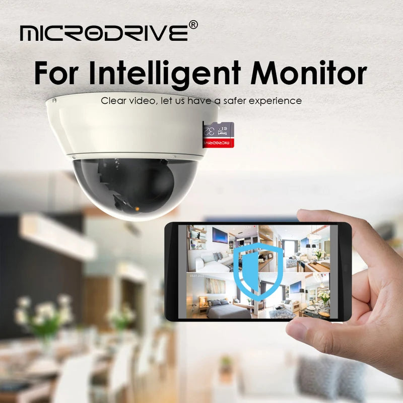 Smart home security camera with smartphone app interface, featuring Microdrive branding.