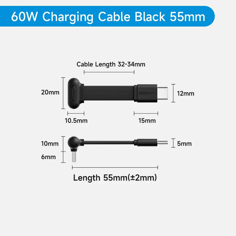 Measurement chart of a 60W charging cable with dimensions on a white background