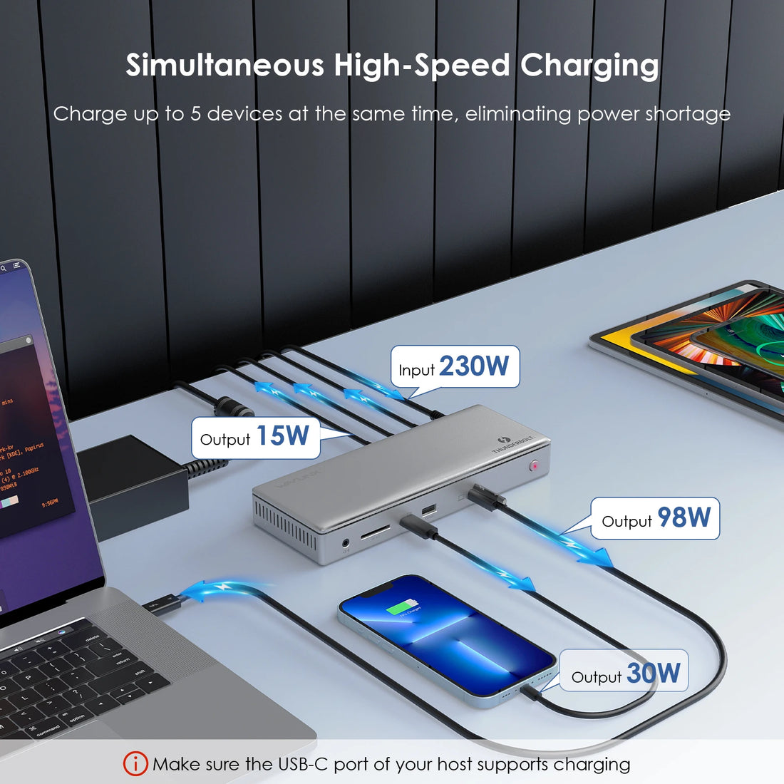 High-speed charging station with multiple devices connected, showing power outputs.