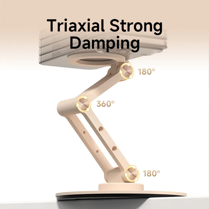 Beige adjustable desk lamp with 'Triaxial Strong Damping' text and rotation angles on a white background.
