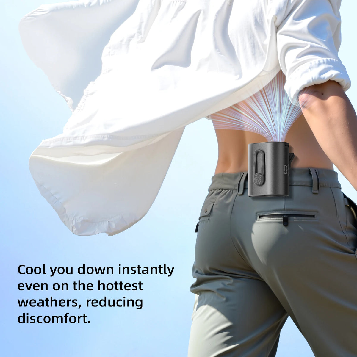 Person wearing a cooling device on their back with text about instant cooling.