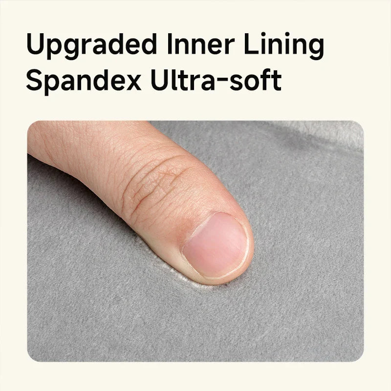 Text 'Upgraded Inner Lining Spandex Ultra-soft' above a close-up of a finger on gray fabric.