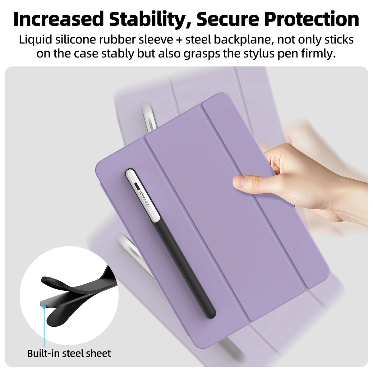 Purple case with stylus pen on a white background, emphasizing stability and protection.