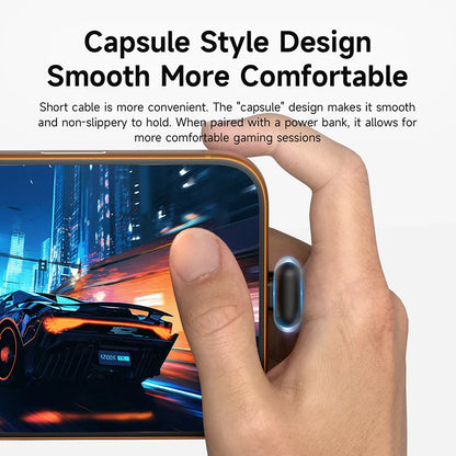 Hand holding a phone with a power bank, showing 'Capsule Style Design Smooth More Comfortable' text.