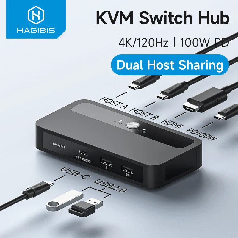 KVM Switch Hub with multiple cables and connectors on a light gray background, featuring the Hagibis brand.