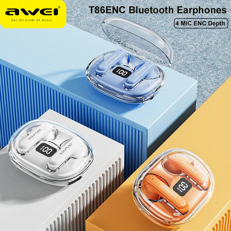 Awei T86ENC Bluetooth earphones with clear cases on a colorful geometric background