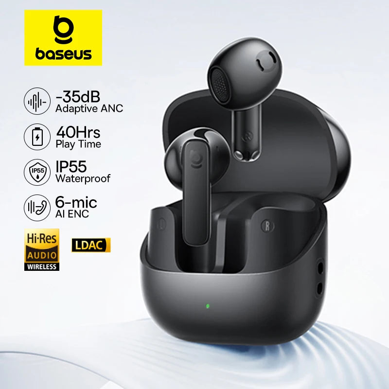 Black wireless earbuds with charging case on a light gray background, featuring Baseus branding and product features.