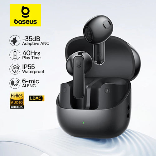 Black wireless earbuds with charging case on a light gray background, featuring Baseus branding and product features.