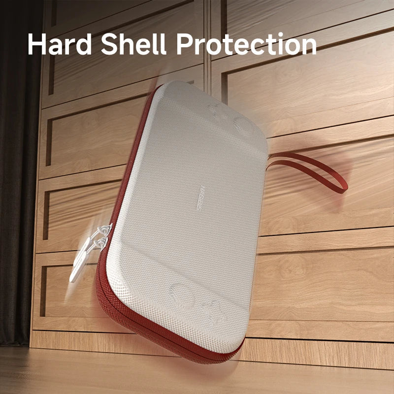 White hard shell protection case with red trim on a wooden surface, text 'Hard Shell Protection' above.