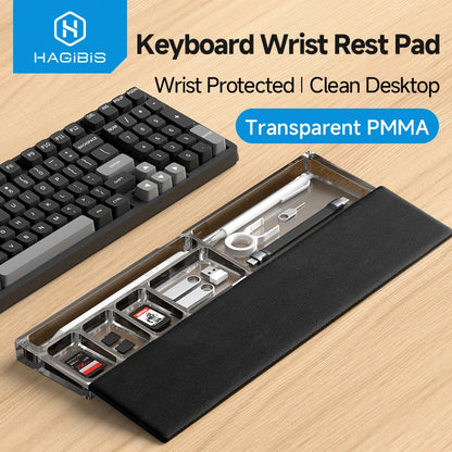 Keyboard wrist rest pad with HAGIBIS branding on a wooden surface