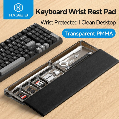 Keyboard wrist rest pad with HAGIBIS branding on a wooden surface