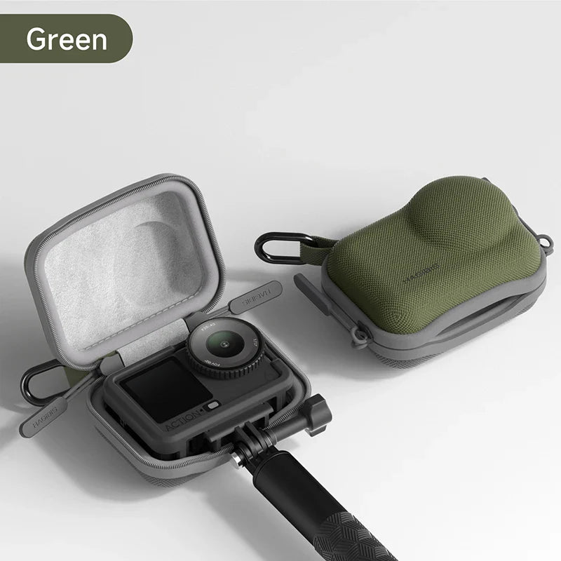 Green camera case with a camera inside on a light gray background
