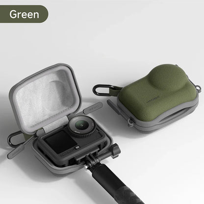 Green camera case with a camera inside on a light gray background