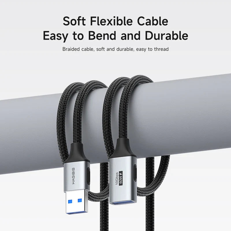 Two HAGIBIS USB cables with braided design on a gray background
