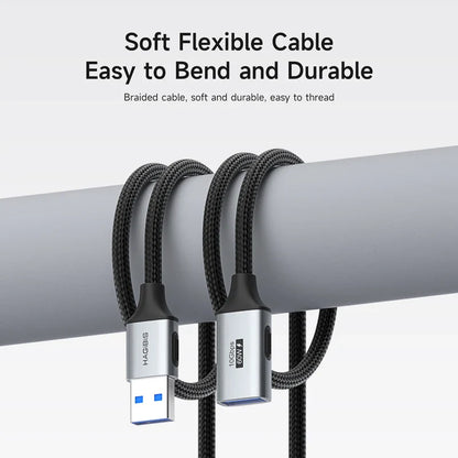Two HAGIBIS USB cables with braided design on a gray background