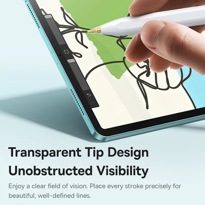 Hand holding a stylus drawing on a tablet with text about transparent tip design.