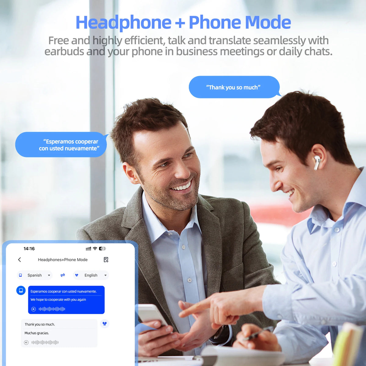 Two men in a business setting using earbuds and a phone, with text about 'Headphone + Phone Mode'.