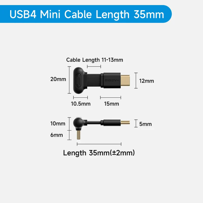 Measurement chart of a USB4 mini cable with dimensions on a white background