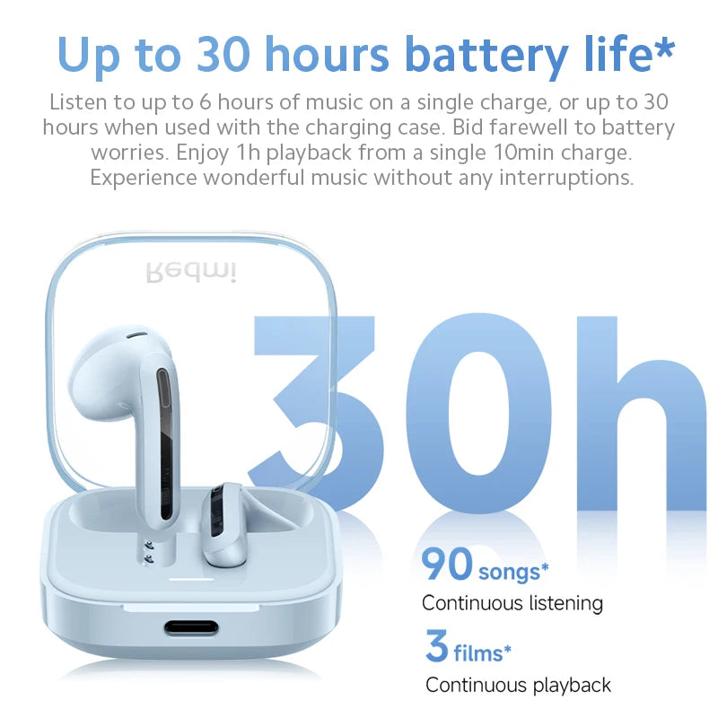 Wireless earbuds with charging case and battery life information on a white background