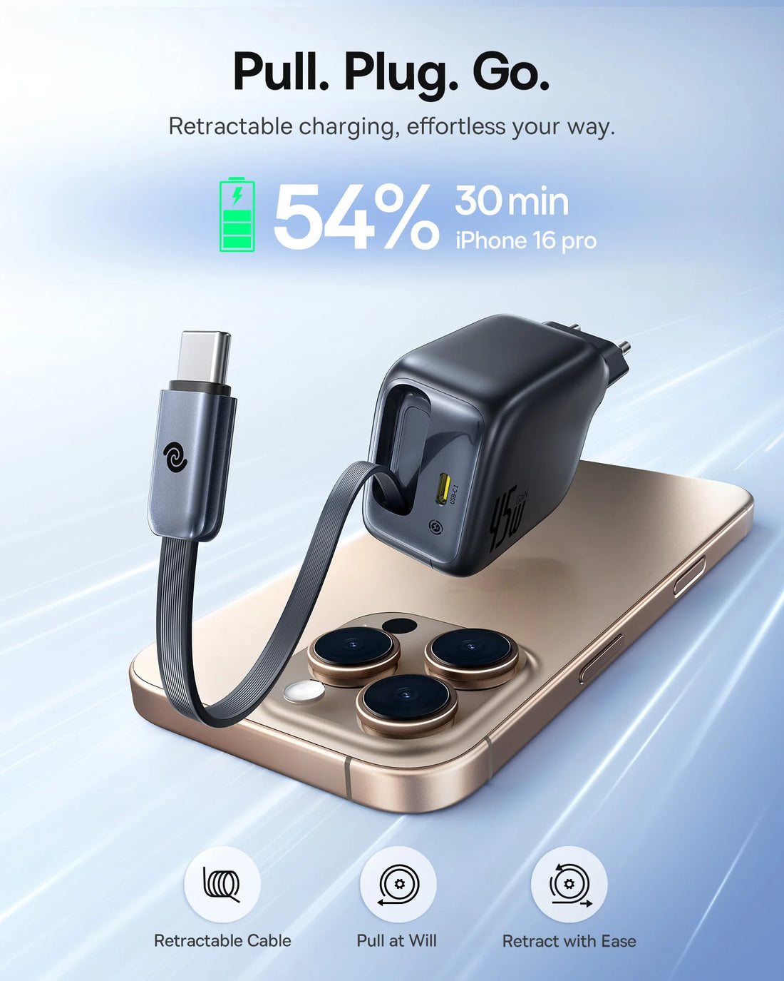 Retractable charging cable and adapter on a smartphone with charging progress displayed.