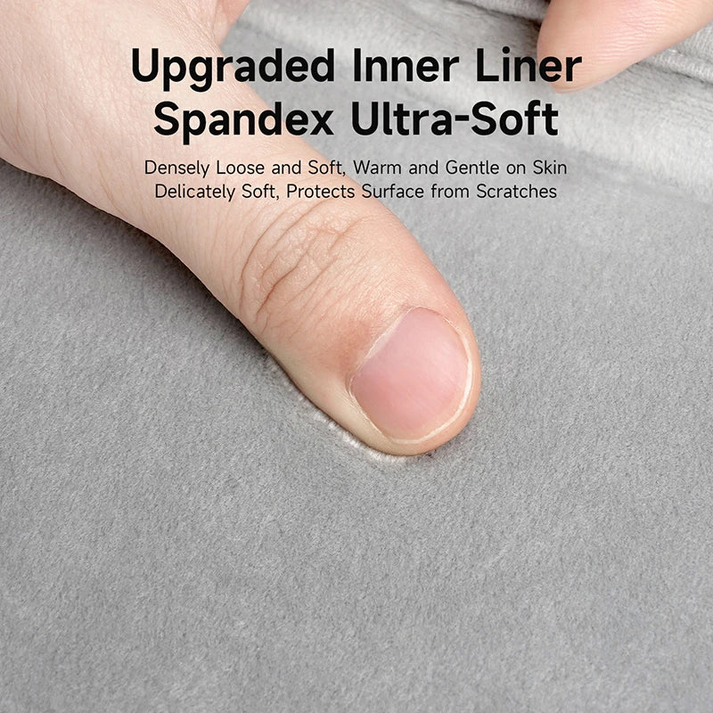 Text on a gray surface with a finger touching it, describing an upgraded inner liner spandex material.