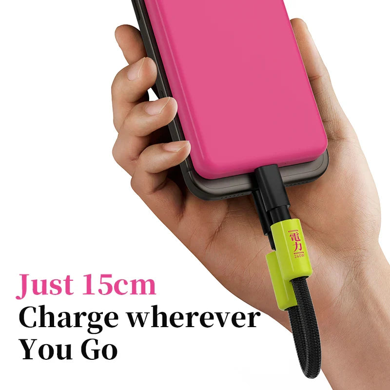 Hand holding a pink phone with a green charging cable, text 'Just 15cm Charge wherever You Go'.