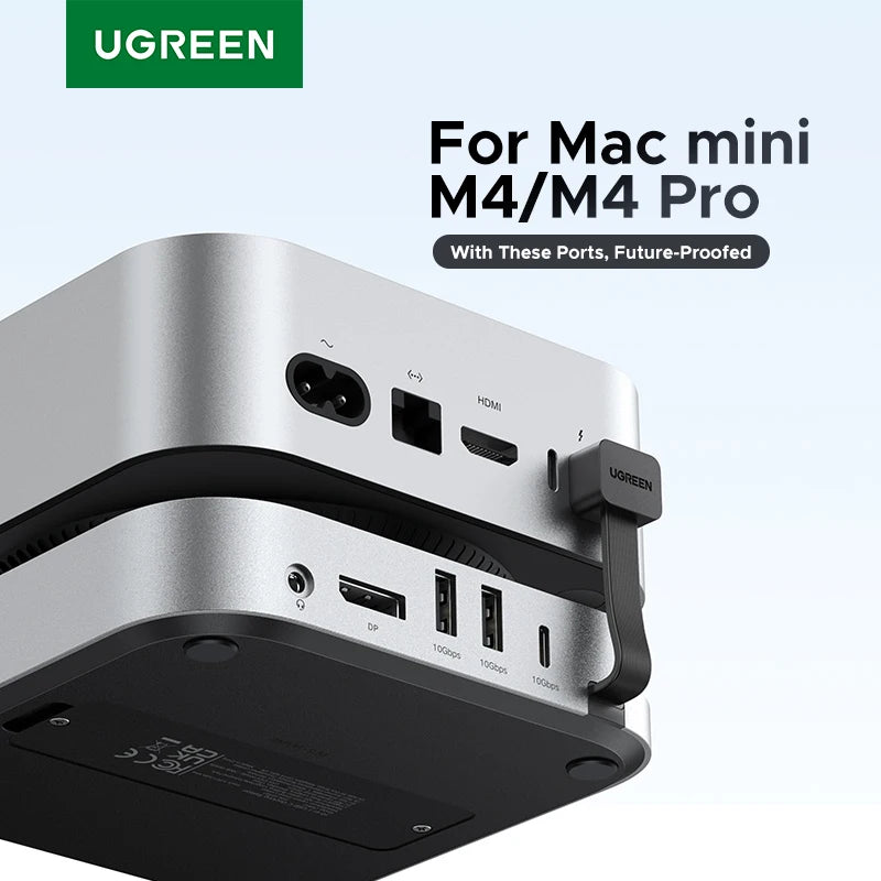 UGREEN dock for Mac mini M4/M4 Pro with multiple ports on a light gray background