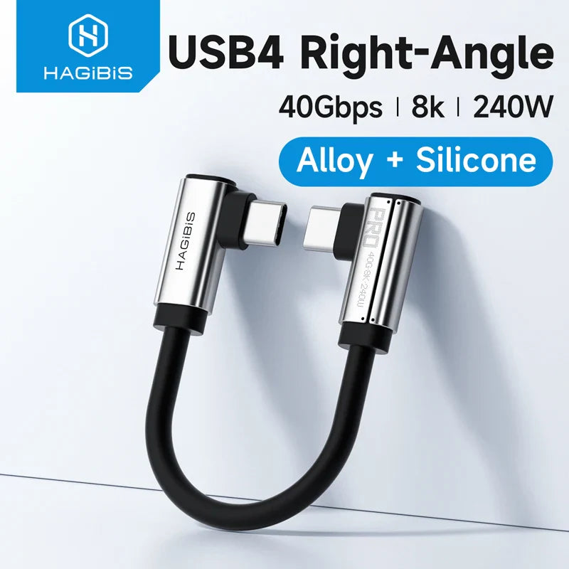 USB4 right-angle cable with HAGIBIS branding on a light gray background