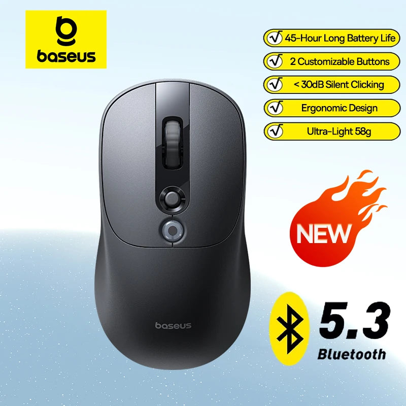 Baseus wireless mouse with features listed on a light blue background
